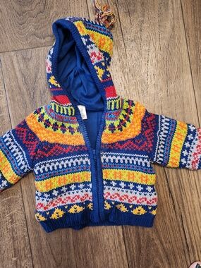 GAP Multi-Color Knit Hooded Baby Cardigan - Navy Base